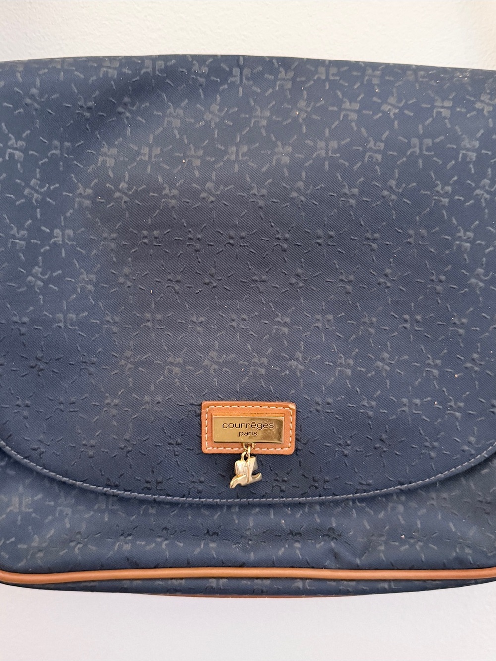 Courrèges Navy Logo Crossbody Bag with Tan Trim